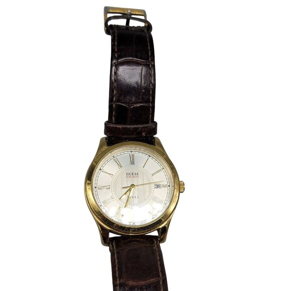 Guess Steel Mens Watch 39mm Gold Plated Case 7.25" Crocodile Leather Band VTG - Picture 12 of 16